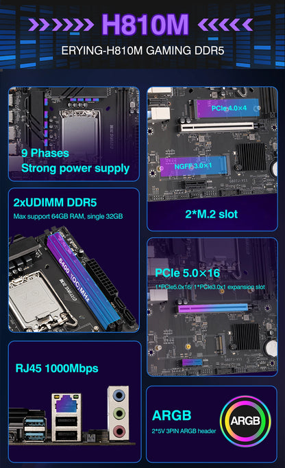 Kit PC ERYING H810, Scheda Madre H810M DDR5, Supporta CPU Intel Core Ultra200 Serie 7/8/9 225F 230F 250KF 270K LGA1851 Pin