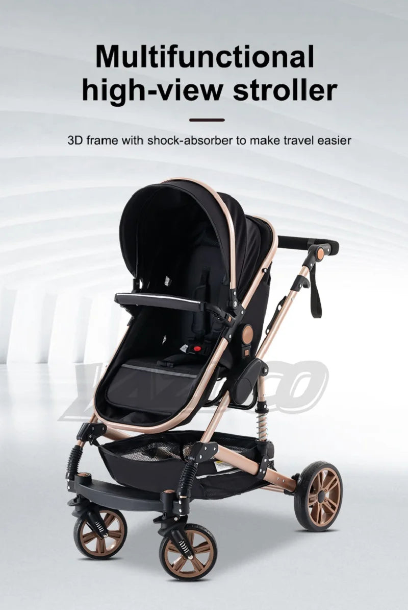 Passeggino 3 in 1 Facile da piegare Telaio in alluminio ad alto paesaggio Passeggino neonato con ruota in gomma per assorbimento degli urti a quattro ruote