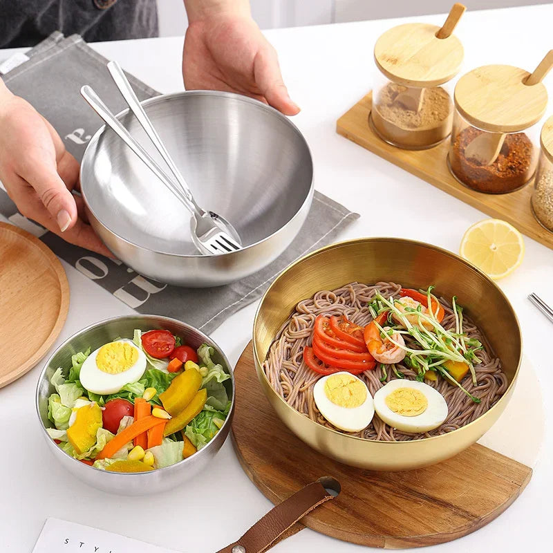 Ciotole per insalata di frutta in acciaio inossidabile spesso 15 cm/20 cm/25 cm Zuppa di riso Noodle Ramen Ciotola Ciotole per miscelazione Contenitore per alimenti Stoviglie da cucina