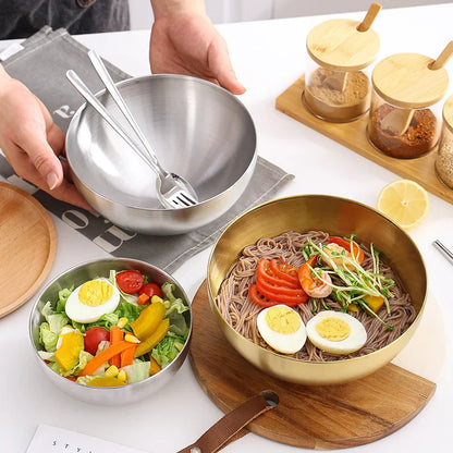 Ciotole per insalata di frutta in acciaio inossidabile spesso 15 cm/20 cm/25 cm Zuppa di riso Noodle Ramen Ciotola Ciotole per miscelazione Contenitore per alimenti Stoviglie da cucina
