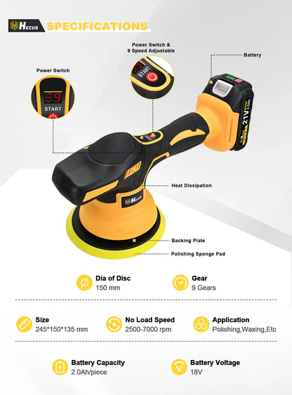 Lucidatrice Elettrica per Auto Hecus 9 Velocità, Senza Fili, con Display Digitale, Utensile Rotante per Lucidatura e Ceratura, Compatibile con Batteria Makita 18V