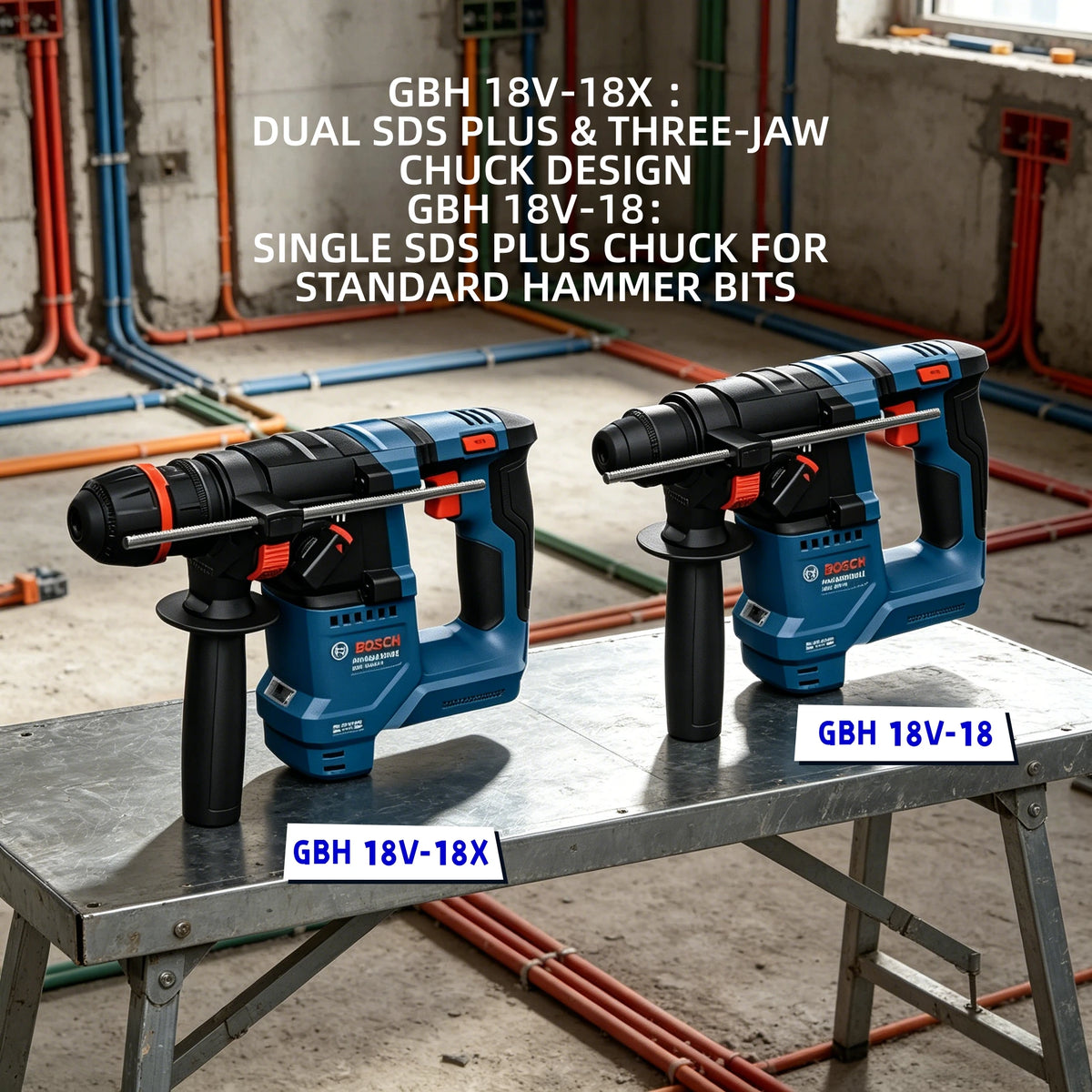 Trapani Bosch GBH 18V-18 / GBH18V-18X, pronti per l'uso in cantiere, con impugnatura ausiliaria ergonomica per un utilizzo controllato e senza fatica