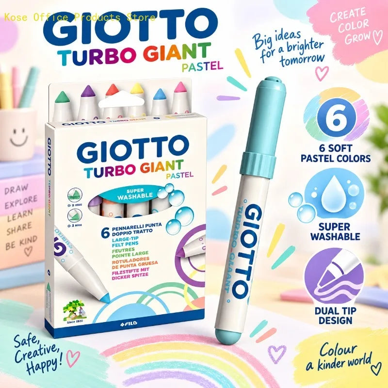 GIOTTO Set da 6 Pennarelli Pastello Turbo Giant Super Lavabili con Punta Larga in Feltro per Disegno, Colorazione, Progetti Artistici Scolastici per Bambini