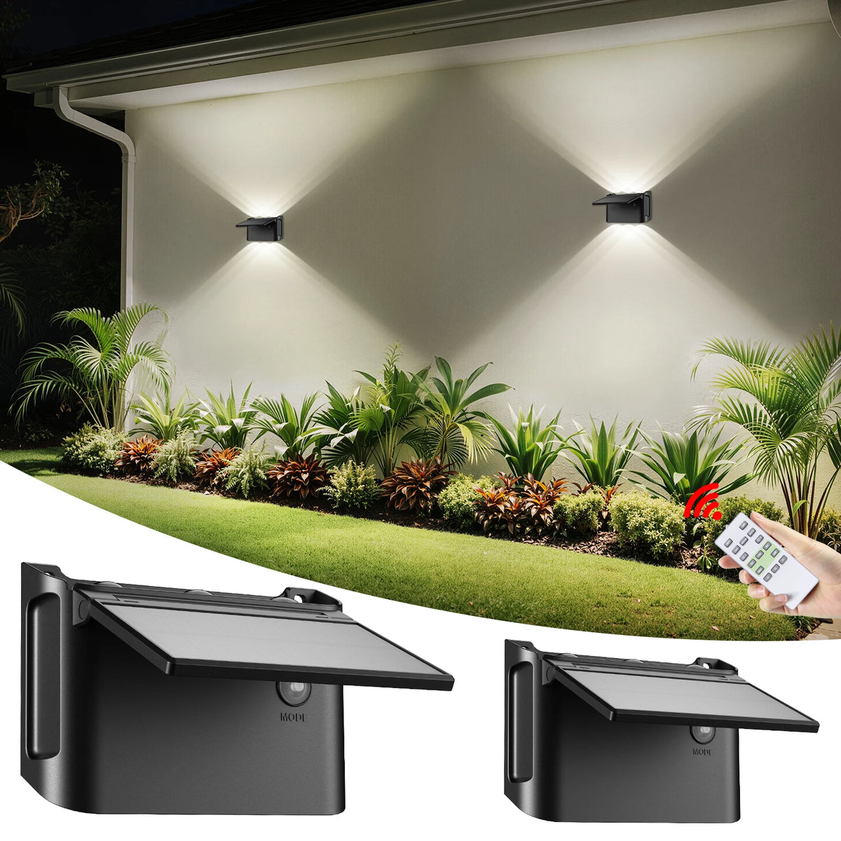 Lampade solari da parete Intelamp, confezione da 2 con telecomando,3 modalità di colore, IP65 |Illuminazione personalizzabile su/giù, lampada solare impermeabile IP65 per pareti esterne, recinzioni, patii e ingress