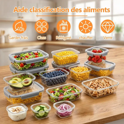 Set di 12+4 Contenitori in Vetro per Alimenti con Coperchi Ermetici, Contenitori Impilabili a Prova di Perdite per Preparazione Pasti, Scatole in Vetro Sicure per Frutta, Verdura, Cibi Cotti, Organizzazione Dispensa