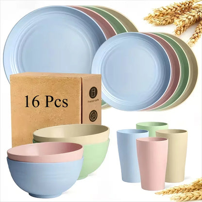 Set di Stoviglie in Plastica da 16/32 Pezzi, Include Piatti Piani, Piattini da Dessert, Ciotole e Tazze, per Uso Domestico e Ristorazione