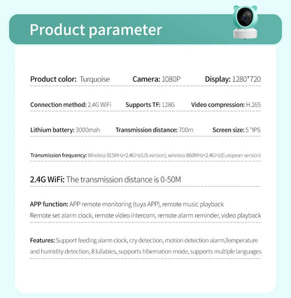 Danmini 2.4G 5 pollici Baby Monitor Tuya App Telecomando 1080P Videocamera Video Citofono bidirezionale Rilevazione movimento Monitor wireless