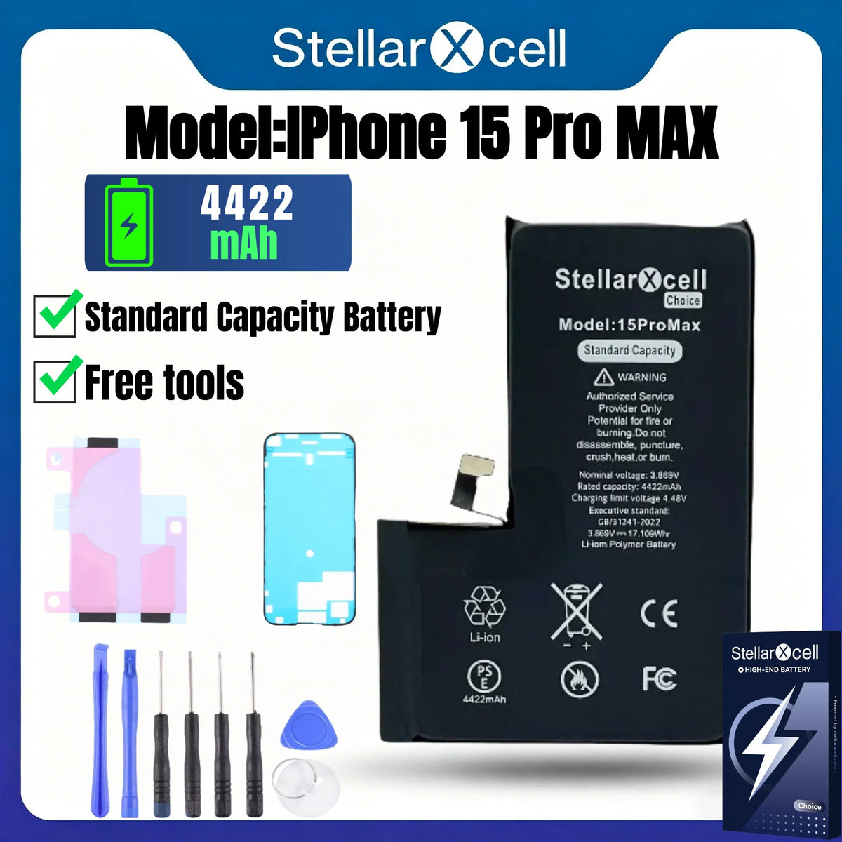 Batteria per iPhone, per iPhone 15, 15 Pro, 15 Plus, 15 Pro Max, Batteria di Capacità Standard, Batteria di Qualità Standard, Sostituzione Batteria iPhone con Strumenti Gratuiti, 0 Cicli, Mostra il 100% della Salute della B