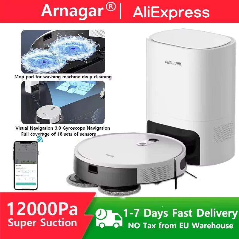 Arnagar S10 Robot Aspirapolvere e Lavapavimenti Intelligente, Lavapavimenti a Basso Profilo, Robot Aspirapolvere e Lavapavimenti Intelligente per Casa, Svuotamento Automatico, Controllo tramite App, Spazzatrice 12000Pa Vslam