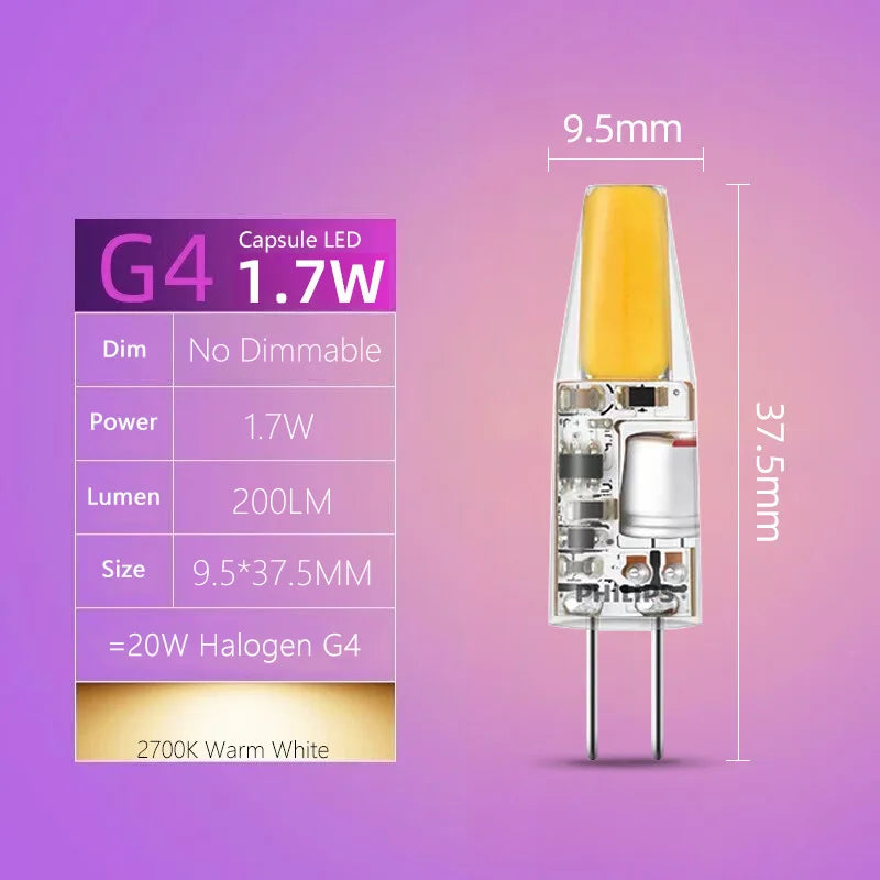 Lampadine LED G4 Philips 1.7W 2.1W (=20W Alogeno) CorePro 2700K Bianco AC 12V per Lampade da Scrivania e Decorative