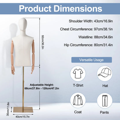 Manichino Regolabile per Sartoria ed Esposizione, Torso Femminile con Testa e Braccia Staccabili, Supporto Dorato Regolabile in Altezza, con Rivestimento in Lino, per Abbigliamento Donna, Uomo, Bambino e Esposizione Gioielli