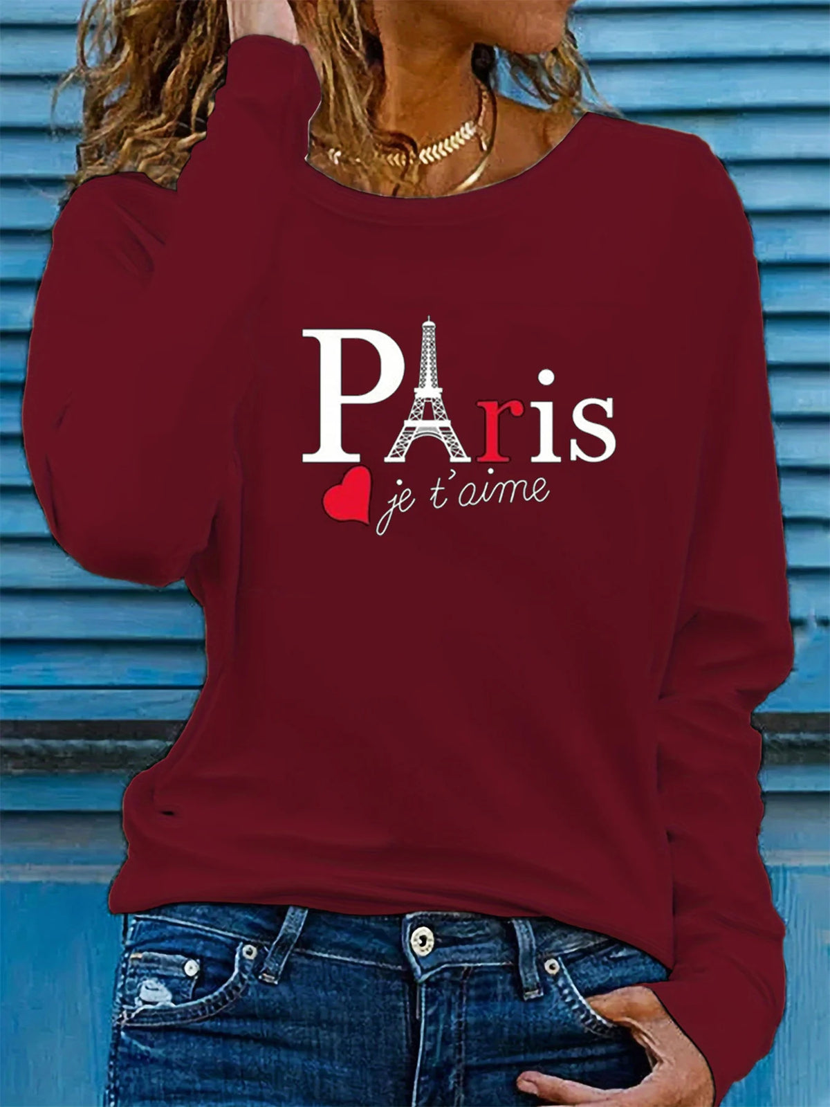T-shirt girocollo stampata con motivo Torre Eiffel Parigi a maniche lunghe comoda moda primavera e autunno 100% cotone da donna