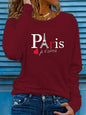 T-shirt girocollo stampata con motivo Torre Eiffel Parigi a maniche lunghe comoda moda primavera e autunno 100% cotone da donna
