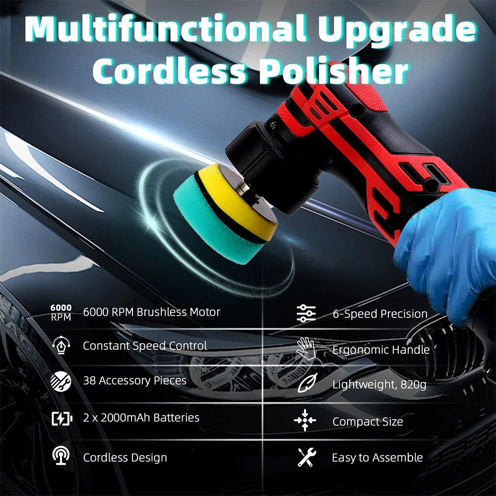 Lucidatrice per Auto Podofo Mini 12V Senza Fili, Macchina Lucidatrice Multifunzione a 6 Velocità, Lucidatrice per Auto con 3 Punte per Fari, Ruote, Bagagliaio
