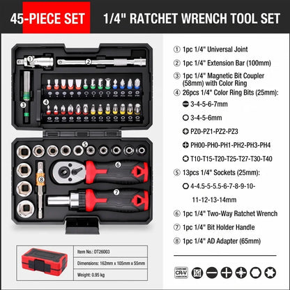 TINSOL Set di 45 Pezzi di Chiavi a Bussola con Cricchetto da 1/4 di Pollice, 72 Denti, CR-V, Punte Magnetiche, Kit di Riparazione per Auto e Casa con Valigetta