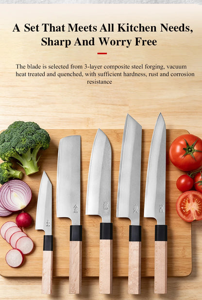 Set di coltelli da cucina in stile giapponese da 1 o 5 pezzi, coltello da chef in acciaio inossidabile composito a 3 strati, Nakiri Santoku, utensili da cucina multiuso