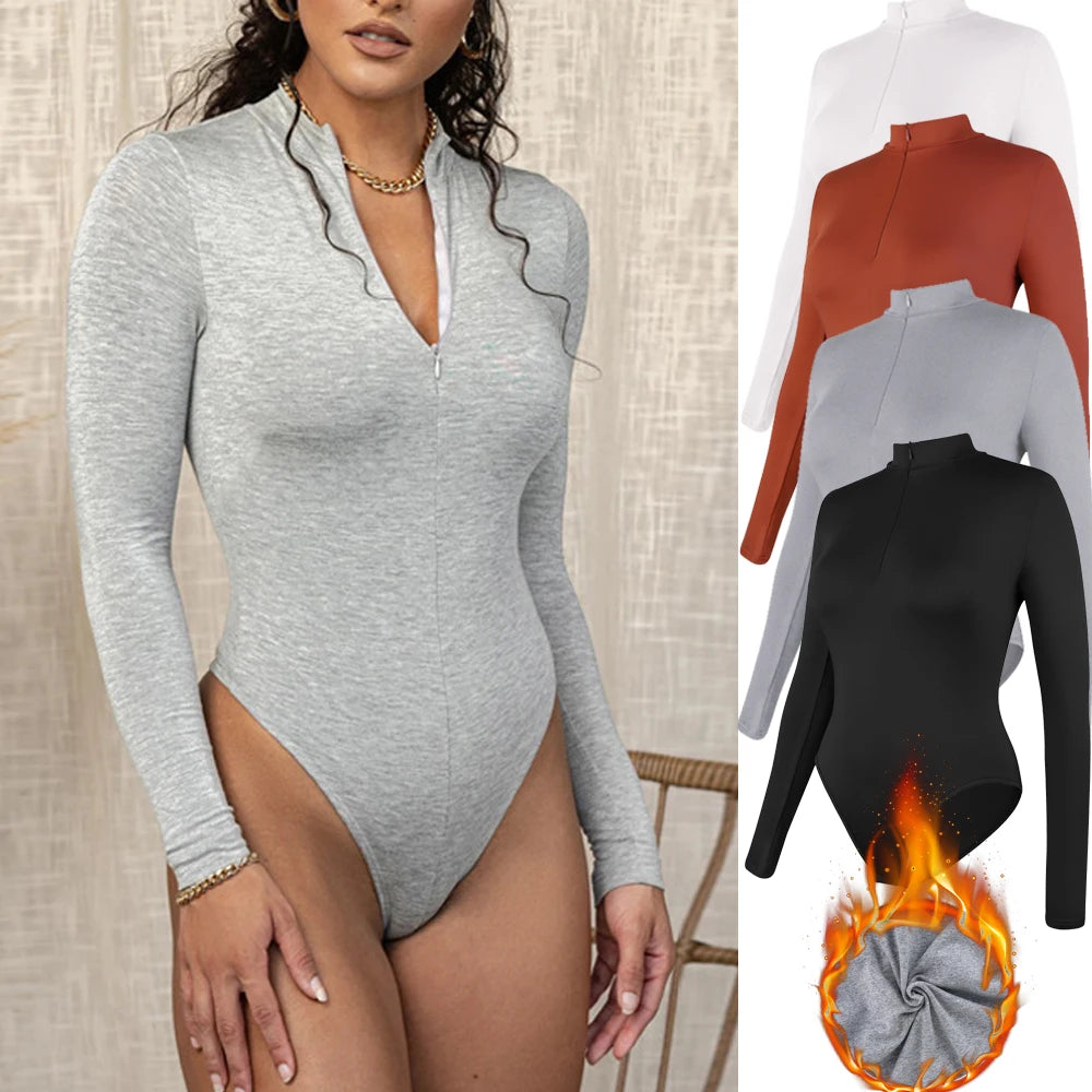Body con colletto alla coreana con cerniera Donna Manica lunga Spazzolato Abiti invernali con fondo Sexy Streetwear Body Shaper Body pancia piatta