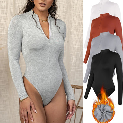 Body con colletto alla coreana con cerniera Donna Manica lunga Spazzolato Abiti invernali con fondo Sexy Streetwear Body Shaper Body pancia piatta