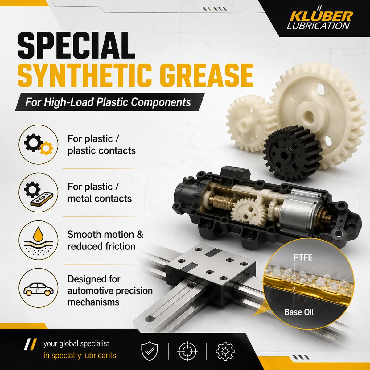 Grasso Sintetico PTFE Kluber Klübersynth LIP 84-42 per Ingranaggi in Plastica ad Alto Carico, Attuatori e Guide a Bassa Temperatura