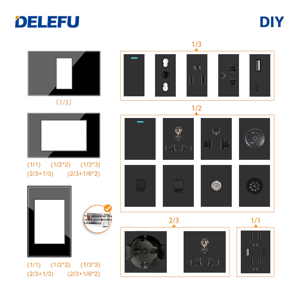 DELEFU Presa Italiana Fai-da-te con USB Tipo C, Interruttore Campanello, 45A 20A, per Tende, Telefono, CAT5, TV, HDMI, SAT, Nera