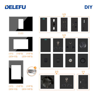 DELEFU Presa Italiana Fai-da-te con USB Tipo C, Interruttore Campanello, 45A 20A, per Tende, Telefono, CAT5, TV, HDMI, SAT, Nera