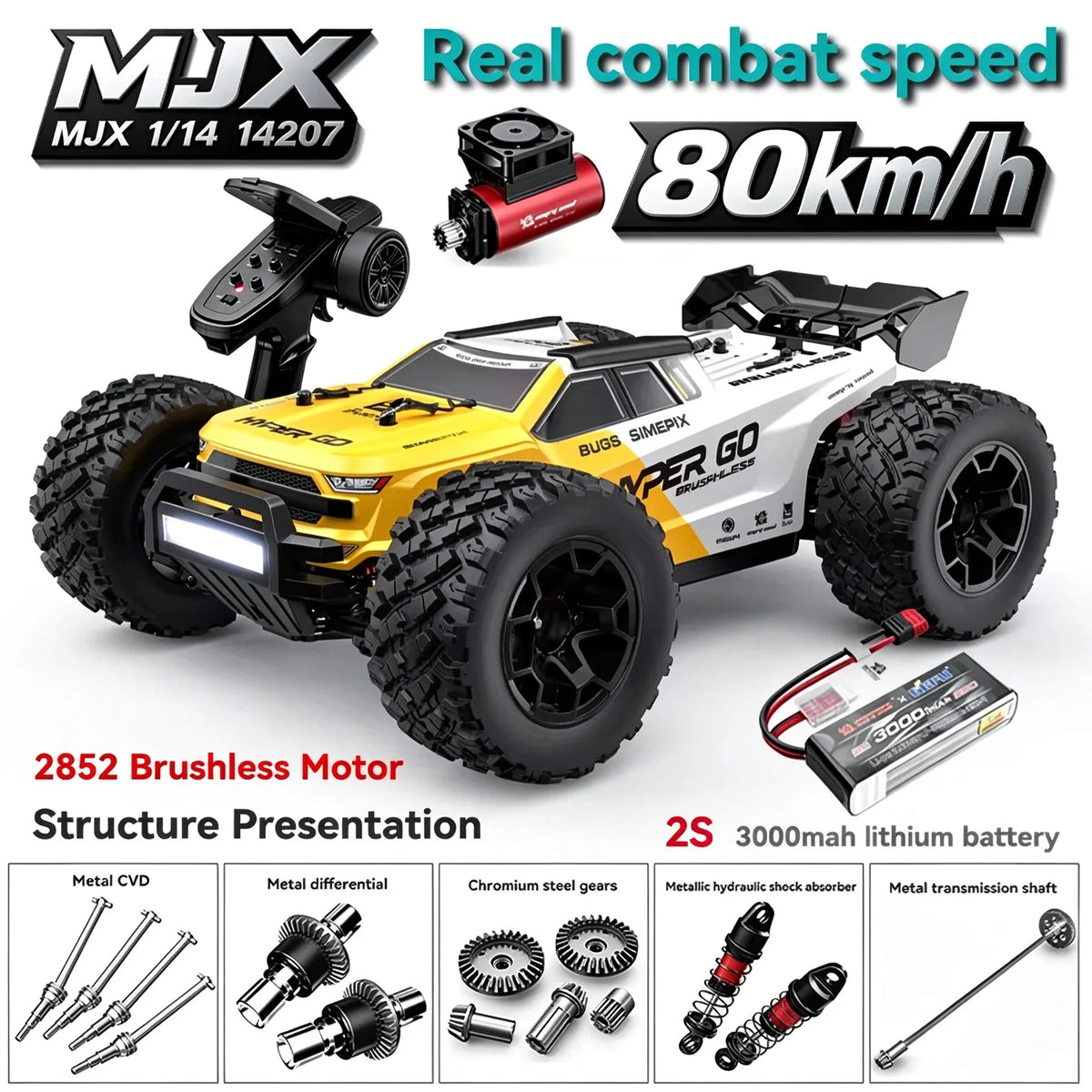 Auto RC MJX Hyper Go 14207 Brushless, Scala 1/14, 2.4G 4WD, Elettrica ad Alta Velocità, Fuoristrada, Telecomando, Monster Truck per Bambini