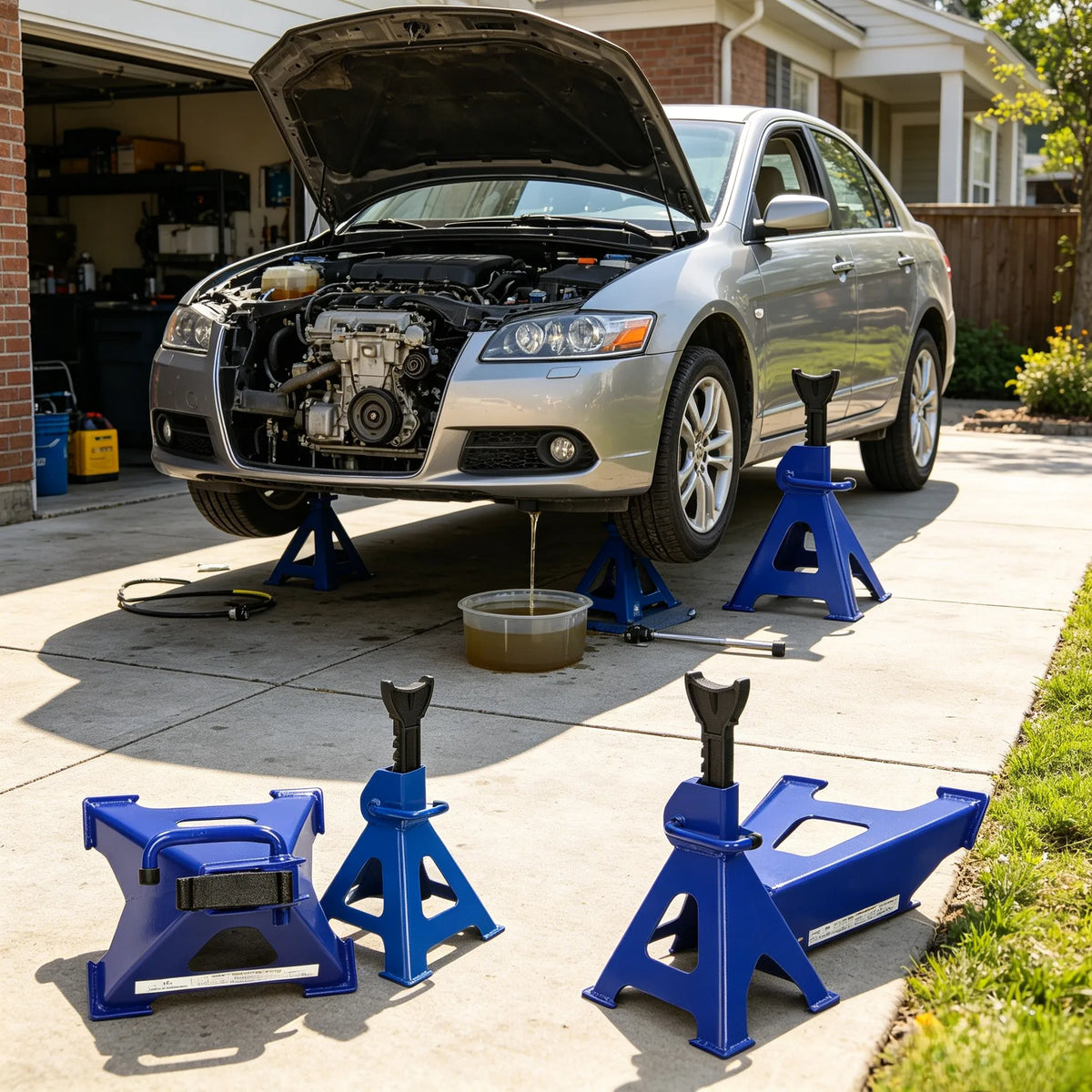 Confezione da 2 cavalletti in acciaio resistente con maniglia ergonomica, cavalletti di supporto per veicoli con altezza regolabile a cricchetto e base antiscivolo, per berline, SUV, manutenzione in garage e sostituzione pneu