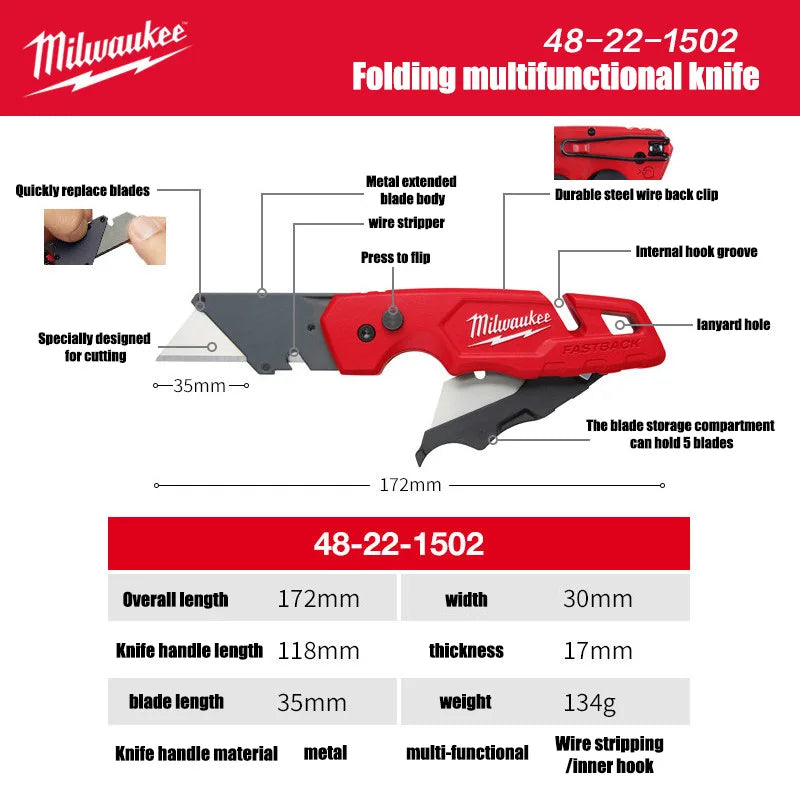 Serie Milwaukee FASTBACK, Coltello Multifunzione Pieghevole 6-in-1, Angolo della Lama Inferiore a 60 Gradi ° Coltello pieghevole con custodia, coltello artistico