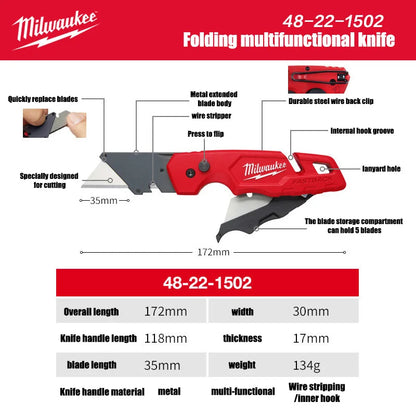 Serie Milwaukee FASTBACK, Coltello Multifunzione Pieghevole 6-in-1, Angolo della Lama Inferiore a 60 Gradi ° Coltello pieghevole con custodia, coltello artistico