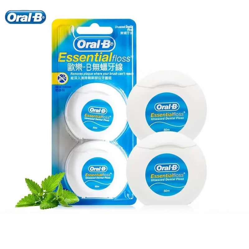 Filo Interdentale Oral B Essential Senza Cera, 2 Confezioni da 50m Ciascuna, per Pulizia Interdentale e Cura delle Gengive