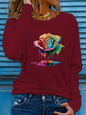 T-shirt da donna in 100% puro cotone, a maniche lunghe, con scollo rotondo, stile casual, con stampa grafica floreale, vestibilità ampia, ideale per la primavera e l'autunno.
