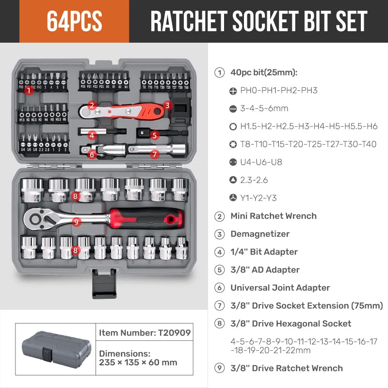 Set di Attrezzi Meccanici Hi-Spec 216 Pezzi, Kit Chiavi a Bussola da 1/4" 3/8" 1/2", Cassetta degli Attrezzi per Riparazione Auto