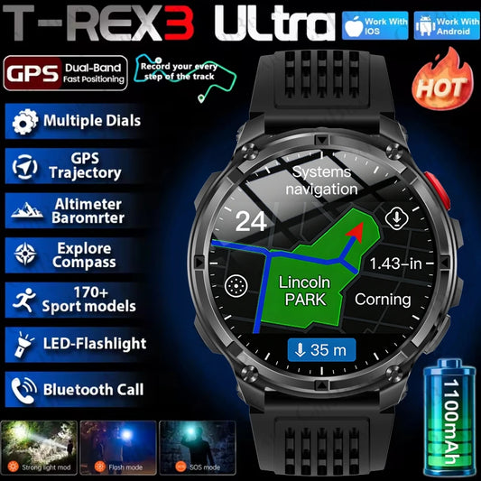 2026 Nuovo T-Rex3 Pro 1100mAh Batteria Astuto Della Vigilanza GPS percorso 5ATM Impermeabile Sport Run tracker All'aperto Bussola Militare Smartwatch