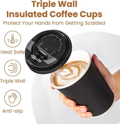 Tazze da caffè usa e getta nere da 12 OZ con coperchi Tazze ondulate a tripla parete per andare a caldo Bicchieri di carta isolati per bevande calde Home Office