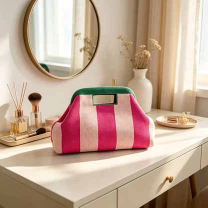 Nuova borsa intrecciata traforata a righe, borsa a mano in maglia, versatile borsa portatile per cosmetici