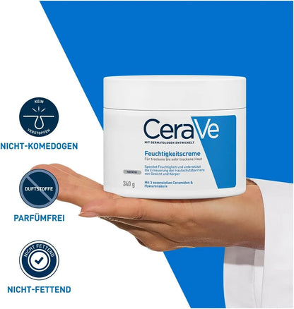 Crema Idratante CeraVe 340g Senza Profumo, Crema Quotidiana per Viso e Corpo con Ceramidi per la Cura della Pelle Secca