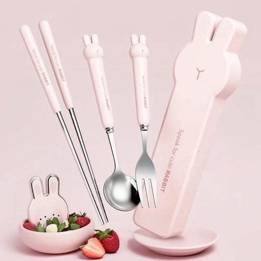 WORTHBUY 3/4PCS Set di stoviglie portatili carino riutilizzabili bacchette cucchiaio forchetta in acciaio inossidabile 304 con scatola di posate per studente bambino