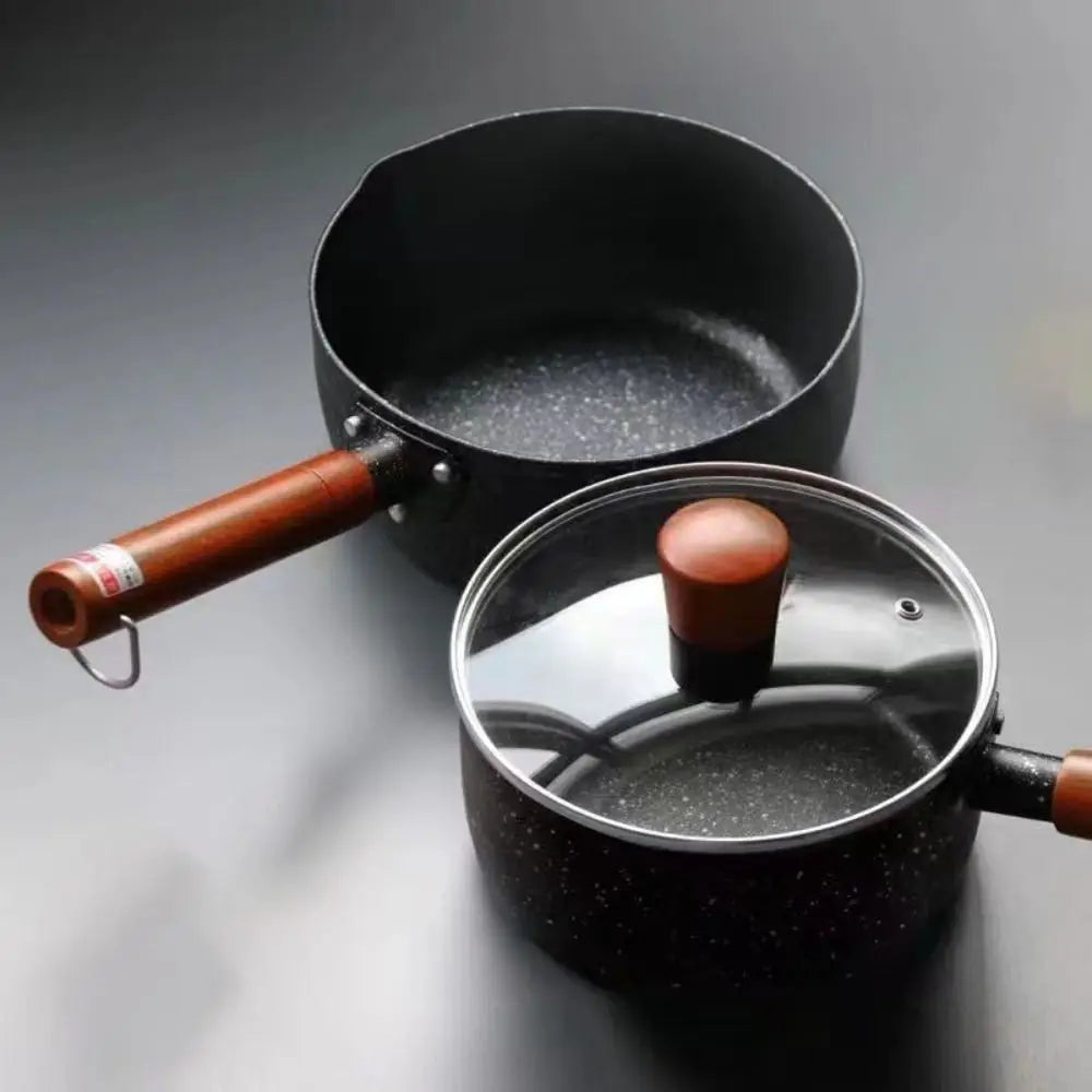 Pentola per il latte antiaderente Manico in legno Pentola per zuppa universale in stile giapponese con coperchio e beccuccio versatore Pentola per alimenti per bambini