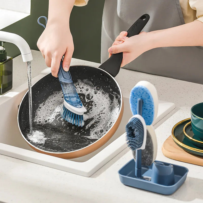 Strumenti per la pulizia della cucina Manico lungo Spazzola per piatti Dispenser di sapone liquido Detergente Spazzola per piatti Spugna per piatti Salviette per lavare i piatti
