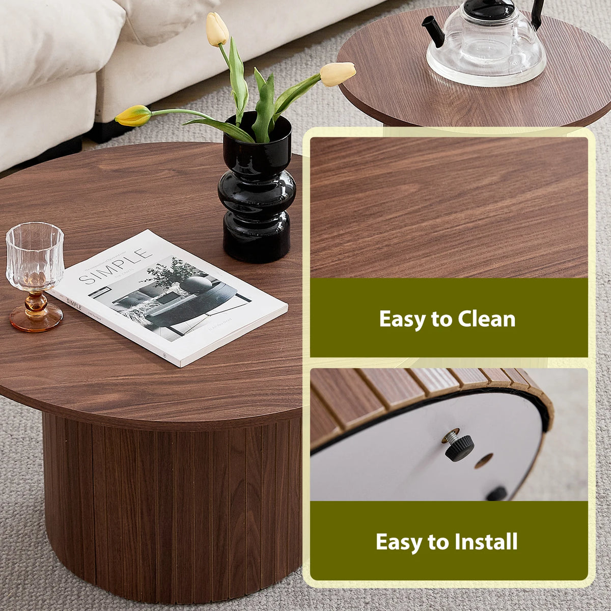 Set di 2 tavolini rotondi in legno in stile nordico, tavolino da caffè impilabile in legno, per mobili da soggiorno/camera da letto