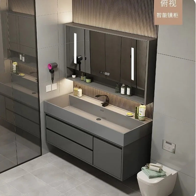 Combinazione di mobile lavabo e specchio da bagno in nano-roccia di lusso leggero