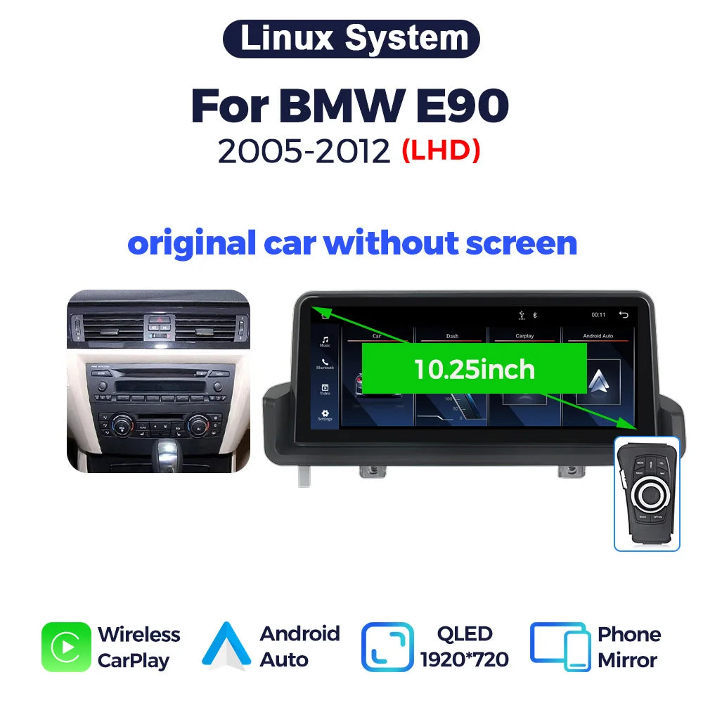 Sistema multimediale intelligente per auto con schermo QLED da 10,25 pollici, Linux, CarPlay wireless, Android Auto, per BMW E90 E91 E92 E93 2005-2012, con WiFi, BT, navigazione GPS e autoradio.