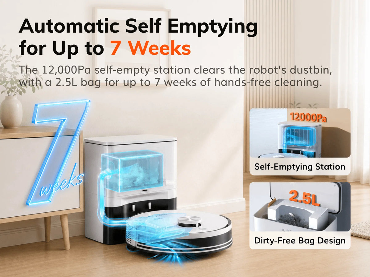 Robot Aspirapolvere ILIFE A30 Pro con Stazione di Svuotamento Automatico, Forte Aspirazione 5000Pa, Navigazione LDS, 180 Minuti di Autonomia, Funzione 2-in-1 Lavaggio e Spazzamento, Controllo APP, Pulizia di Pavimenti e Tappe
