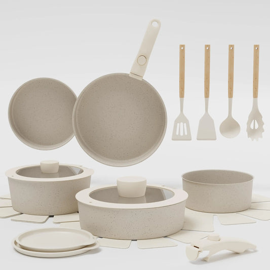 Set di pentole e padelle antiaderenti, 19 pezzi, con manici rimovibili, comprensivo di padelle per friggere, padella per saltare in padella, pentola e casseruola, compatibile con fornelli a gas, elettrici, a induzione e a vap