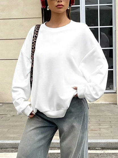 Felpa Sportiva Bianca da Donna per Autunno e Inverno, Top Casual Ampio, Nuova Felpa Casual a Maniche Lunghe con Collo Tondo in Tinta Unita