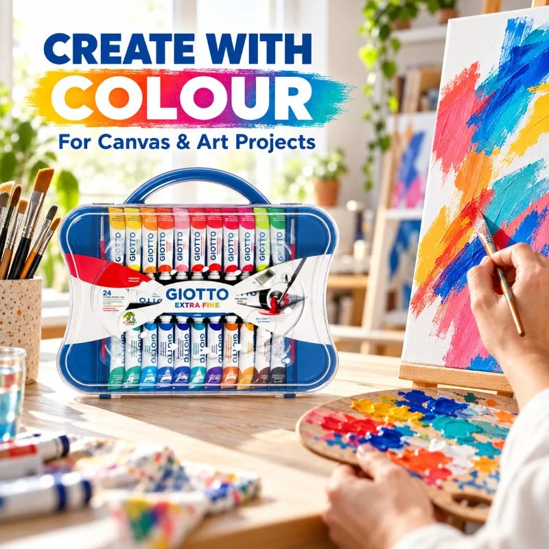 Set di colori a tempera GIOTTO, 24 colori, tubetti da 12 ml, pennello extra fine, con custodia riutilizzabile per il trasporto, ideale per dipingere, miscelare i colori, per l’uso in classe e per attività artistiche domest