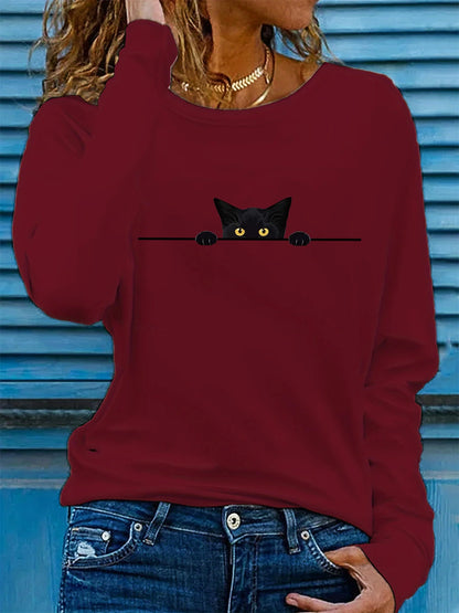 T-shirt da donna in 100% puro cotone, ideale per la primavera e l'autunno, comoda, casual, alla moda, con maniche lunghe, stampa grafica a tema felino e scollo rotondo.