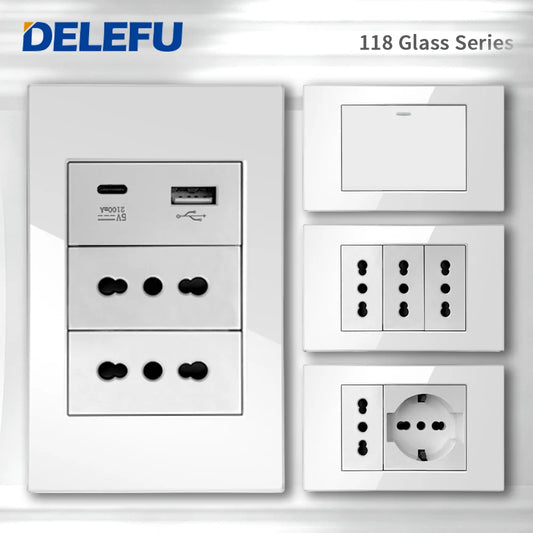 DELEFU Presa a Muro in Vetro Temperato Bianco Italia USB Tipo C Ricarica Rapida Interruttore Schuko TV Satellitare Citofono Cile