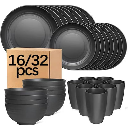 Set di Stoviglie in Plastica da 16/32 Pezzi, Include Piatti Piani, Piattini da Dessert, Ciotole e Tazze, per Uso Domestico e Ristorazione