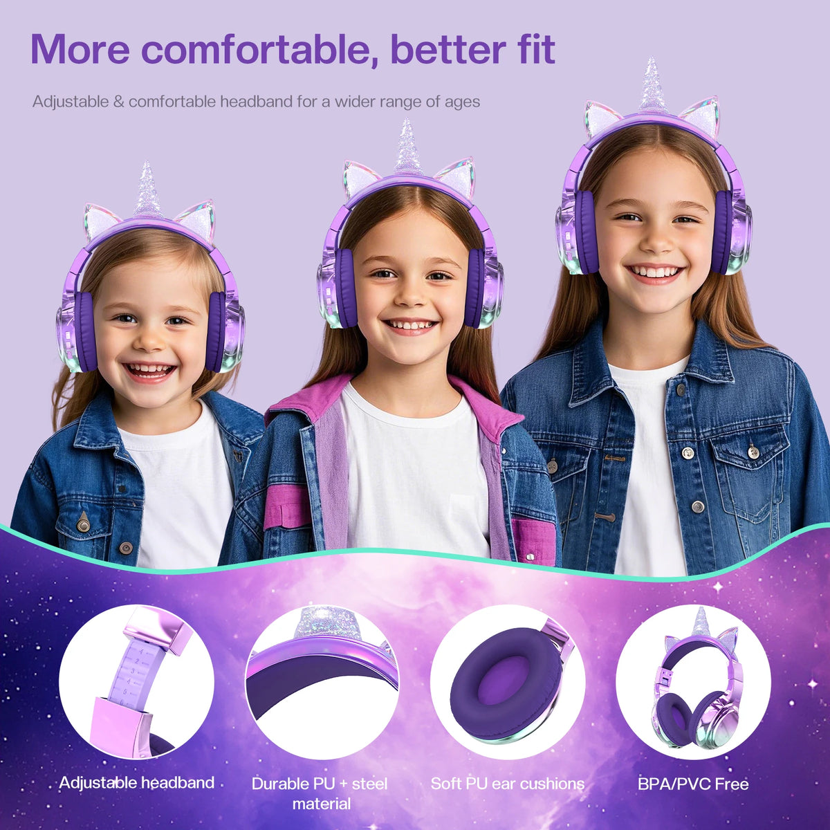 Cuffie wireless Unicorno per bambini Ragazze Auricolari Bluetooth Cuffie pieghevoli con orecchie di gatto per viaggi scolastici Cuffie per bambini